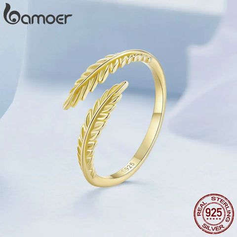 Bamoer 925 Sterling Silver Gold Leaf Opening Ring Simple Leaves Vine Adjustable Ring for Women Chic Fine Jewelry