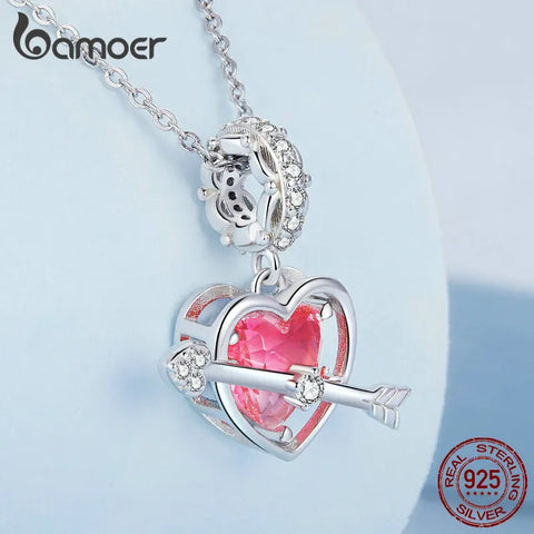 Bamoer 925 Sterling Silver Arrow and Heart Hanging Bead Pink Love Zircon Pendant for Women Valentine's Day Gift Jewelry BSC680