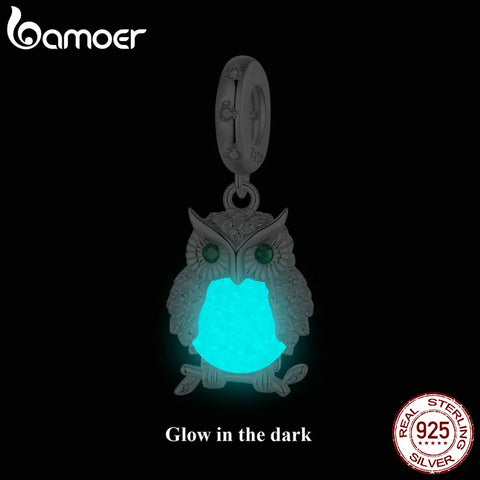 BAMOER Luminous Charms Beads 925 Sterling Silver Owl Pendant Dangle Fit Original Charm Bracelet Jewelry DIY Accessories