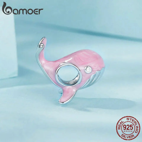 BAMOER 925 Sterling Silver Pink Whale Bead Dreamy Ocean Animal Charm for Women Bracelet Accessories Pave Setting CZ Fine Jewelry