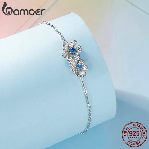 Bamoer 925 Sterling Silver Delicate Flower Bracelet Blue Zircon Adjustable Chain Link for Women Fine Jewelry Gift BSB138