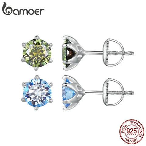 Bamoer D VVS1 Lab Diamonds Minimalist Green and Blue Moissanite Stud Earrings for Women 925 Sterling Silver Wedding Jewelry