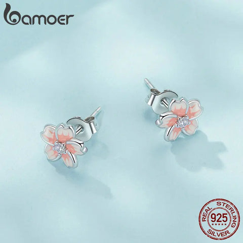 BAMOER Pink Enamel Cherry Blossom Earrings 925 Sterling Silver CZ Flower Stud Earrings Platinum Plated for Women Girls
