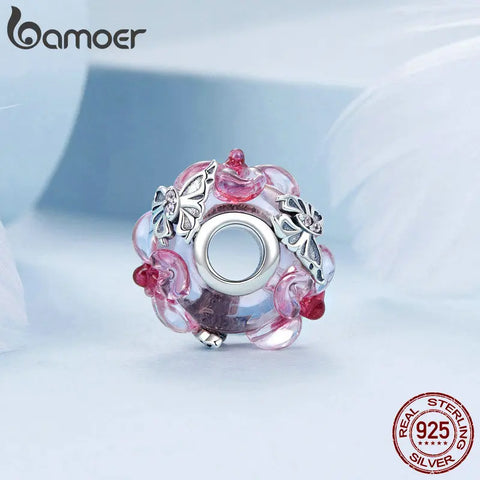 BAMOER Murano Glass 925 Sterling Silver Charms Flower Butterfly Pink Bead for Women Bracelet&Necklace Jewelry Gifts