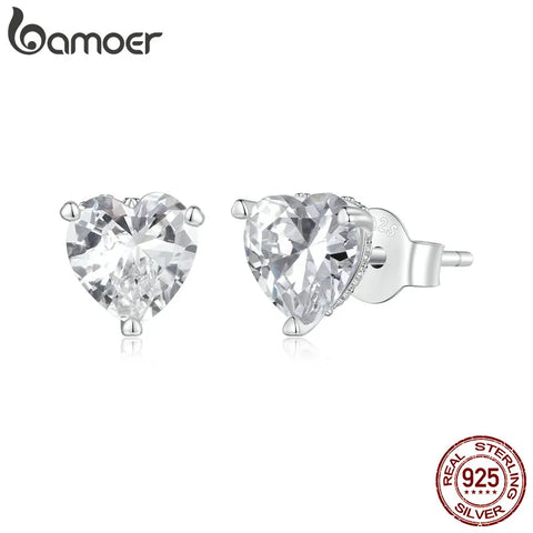 Bamoer 925 Sterling Silver Sparkling Heart Zircon Stud Earrings Simple Little Love Earrings for Women Fine Jewelry BSE853