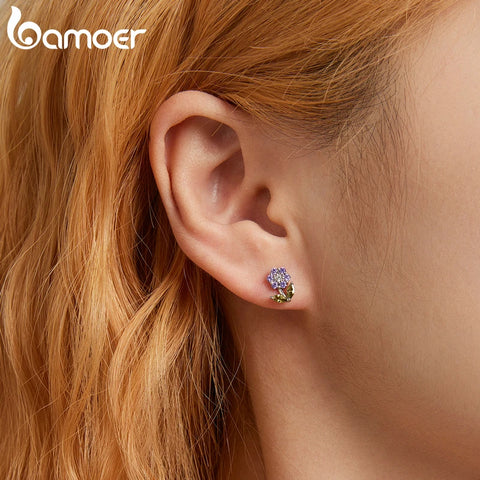 BAMOER 925 Sterling Silver Shining GemStone Delicate Flower Stud Earrings for Women Platinum Plated Fine Jewelry Engagement Gift