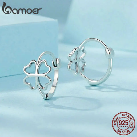 BAMOER 925 Sterling Silver Hollow-out Lucky Four-leaf Clover Ear Buckles for Women Birthday Gift Fine Jewelry SCE1690