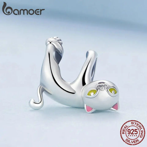 Bamoer 925 Sterling Silver Cartoon Black and White Cat Bead Fit Orignal Bracelet & Bangle Pet Pendant Fine Jewelry DIY Making