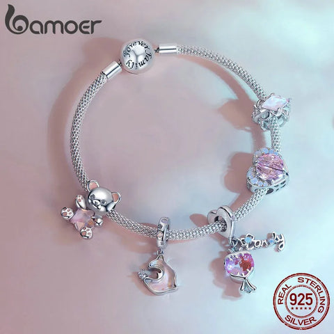 Bamoer 925 Sterling Silver Pink Star Bear Charms Couple Hearts Beads for Women Girls Bracelet & Bangle DIY Fine Jewelry