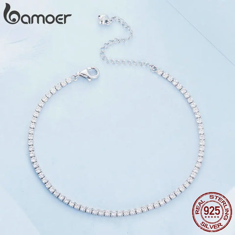 BAMOER 925 Sterling Silver Women Adjustable Tennis Bracelet - Platinum Plated Clear 3mm Cubic Zirconia Classic Tennis Bracelet