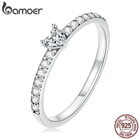 Bamoer Real 925 Sterling Silver Pavé Setting Shiny CZ Heart Ring for Women Fine Jewelry Promise Ring Wedding Gift Party BSR269