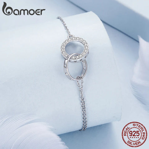 Bamoer 925 Sterling Silver Double Circle Bracelet Eternity Adjustable Chain Link Platinum Plated for Women Valentine's Day Gift