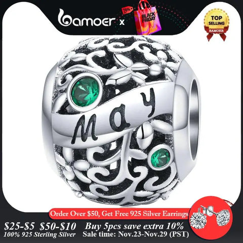bamoer 925 Sterling Silver Month Birthday Stone Round Beads fit Women Charm Bracelet Bangle DIY Jewlry Making SCC1385