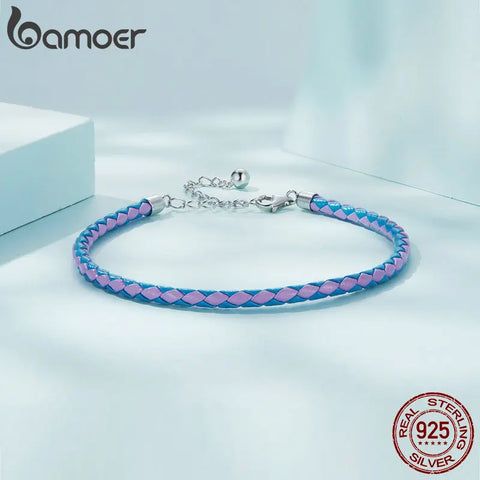 Bamoer 925 Sterling Silver Adjustable Simple Leather Bracelet for Women Fine Jewelry Basic Blue & Pink Bracelet Rope Gift SCB243