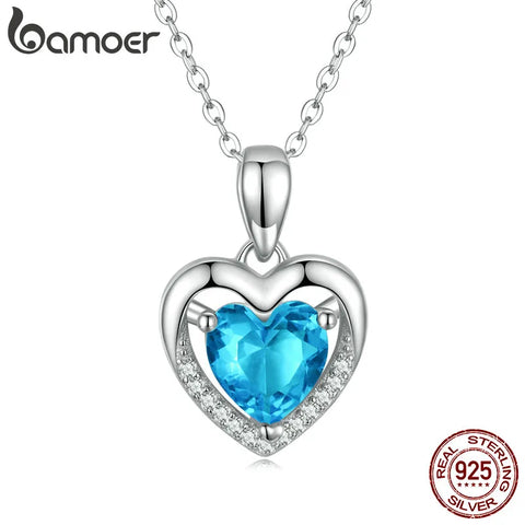 BAMOER 925 Sterling Silver Love Heart Pendant Necklace, Blue Clear Crystal Necklaces for Women Silver Fine Jewelry Gift