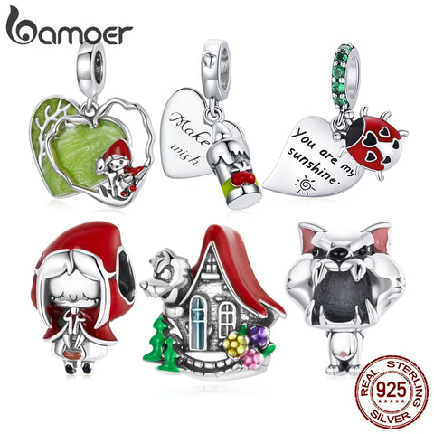 bamoer 925 Sterling Silver Fairy Tale Charm Little Red Riding Hood Forest Love Candle House Wolf Charm for Original Bracelet DIY