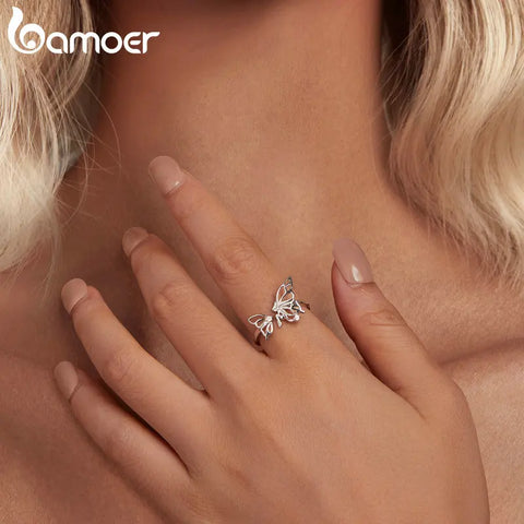 Bamoer 925 Sterling Silver Hollow-out Delicate Butterfly Opening Ring Elf Adjustable Ring for Women Fine Jewelry