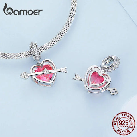 Bamoer 925 Sterling Silver Arrow and Heart Hanging Bead Pink Love Zircon Pendant for Women Valentine's Day Gift Jewelry BSC680