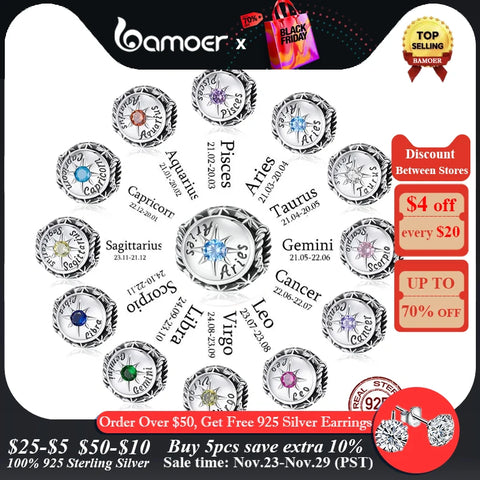 bamoer Zodiac Star Sign 925 Sterling Silver Charm Beads Fit for Charm Bracelets, 12 Constellations Cubic Zirconia Charm SCC1725