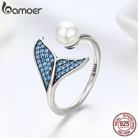 Bamoer 925 Sterling Silver Blue CZ Dolphin Tail Opening Finger Ring Shell Pearl Adjustable Ring for Women Jewelry Gift SCR286