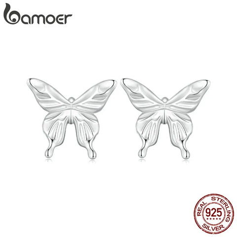 Bamoer 925 Sterling Silver Dancing Butterfly Stud Earrings Platinum Plated for Women Simple Fine Jewerly Gift BSE861