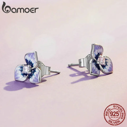BAMOER Purple Enamel Pansy Earrings 925 Sterling Silver CZ Flower Stud Earrings Platinum Plated for Women Girls BSE860
