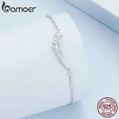 Bamoer 925 Sterling Silver Rose Bracelet Flower Adjustable Chain Link Platinum Plated for Women Valentine's Day Gift BSB146