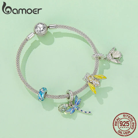 Bamoer 925 Sterling Silver Dainty Dragonfly Pendant Charms Yellow Bee Beads for Women Bracelet & Bangle DIY Fine Jewelry