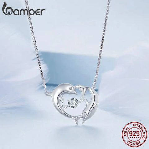 Bamoer 925 Sterling Silver Connected Double Dolphins Necklace Shiny Zircon Love Neck Chain for Women Fine Jewelry BSN340