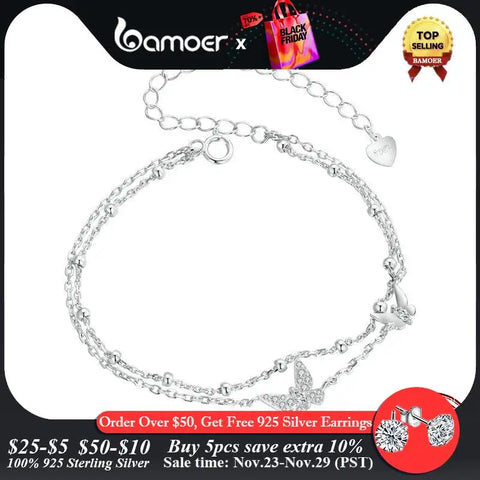 BAMOER Womens Double-Layer Butterfly Bracelet 925 Sterling Silver CZ Layered Bracelet Dainty Beaded Chain Adjustable 5.9"+2.3"