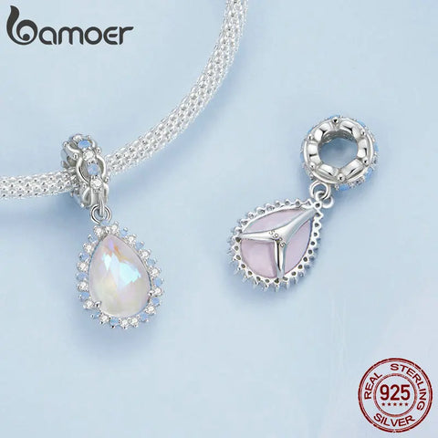 BAMOER 925 Sterling Silver Faceted Teardrop Glass Crystal Charms Water Drop Loose Spacer Beads Fit Original Charm Bracelet