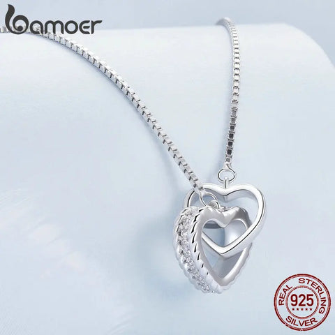 Bamoer 925 Sterling Silver Double Heart Pendant Necklace Clavicle Chain Link for Women Party Jewelry Valentine's Day Gift