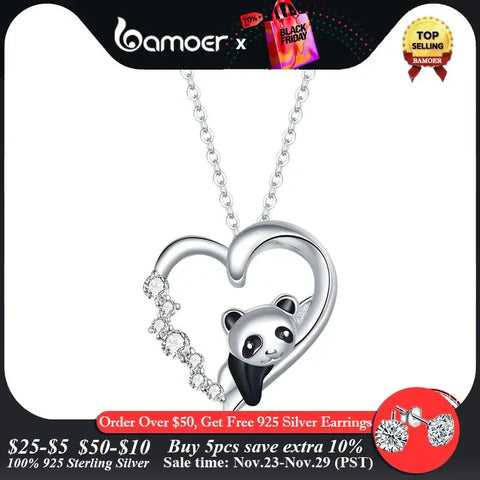 Bamoer 925 Sterling Silver Baby Panda Crystal Necklace Enamel Cute Animal Charm Chain Link for Women Gift 17.71'' SCN453