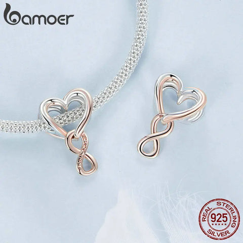BAMOER 925 Sterling Silver Two-tone Heart Beads Rose Gold Infinite Love Charm for Women Original Bracelet & Bangle Fine Jewelry