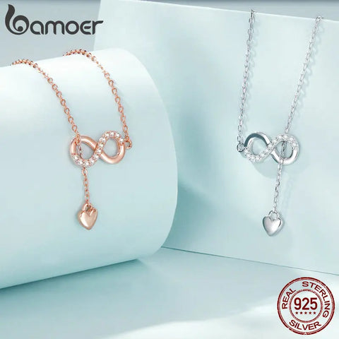 Bamoer 100% 925 Sterling Silver Infinity Love Pendant Necklaces Forever Love Neck Chain for Women Gift Fine Jewelry SCN223
