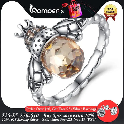 bamoer 925 Sterling Silver Elegant Honey Bee Rings Cute Animal Lucky Silver Ring Bumblebee Lovers Jewelry Gifts for Women