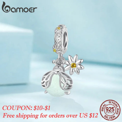 Bamoer 925 Sterling Silver Glow-in-the-dark Firefly Hanging Beads Luminous Insect Charms for Women Original Bracelet and Bangle