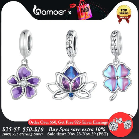 Bamoer 925 Sterling Silver Four-Leaf Clover Pendant Charms Purple Flower Beads for Women Bracelet DIY Finr Jewelry