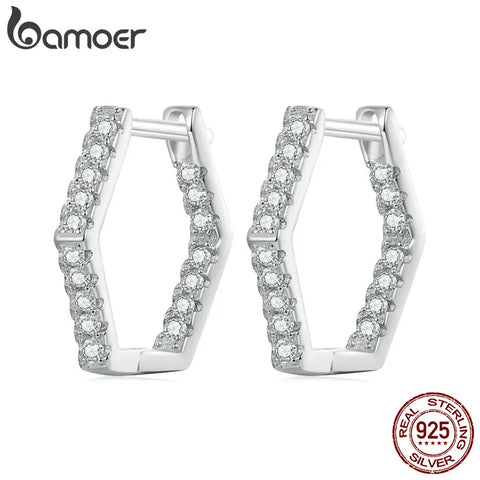 Bamoer 925 Sterling Silver Classic Zircon Ear Buckles Hexagonal Hoop Earrings for Women Elegant Fine Jewelry BSE917