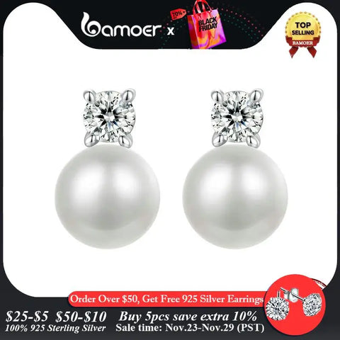 BAMOER Moissanite 925 Sterling Silver Freshwater Pearl Stud Earrings, Elegant VVS1 Clarity Lab Created Diamond Earrings MSE042