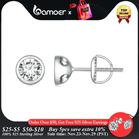 BAMOER 925 Sterling Silver Bezel Moissanite Stud Earrings Round Cut Lab Diamond Earrings for Women Wedding Jewelry Gift