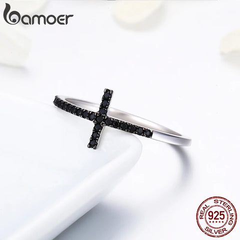 BAMOER Popular 925 Sterling Silver Faith Cross Shape Finger Rings for Women ,Black Clear CZ Sterling Silver Jewelry Gift SCR067