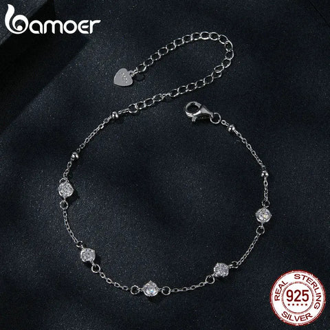 BAMOER 925 Sterling Silver Bezel Setting Starry Moissanite Bracelet Round Beads Chain Link for Women Anniversary Jewelry Gift