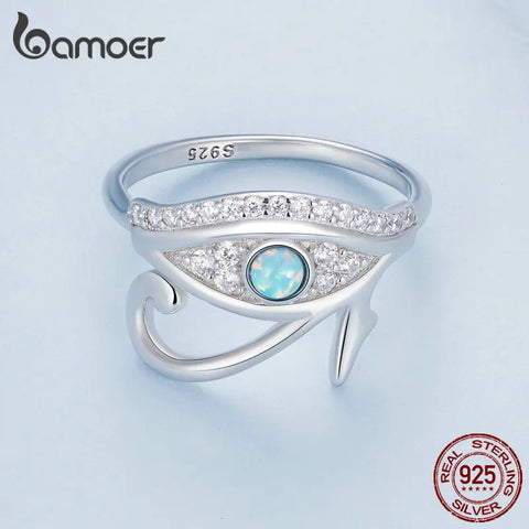 Bamoer 925 Sterling Silver Blue Opal Lucky Eye of Horus Ring Pave Setting CZ for Women Birthday Gift Fine Jewelry BSR403