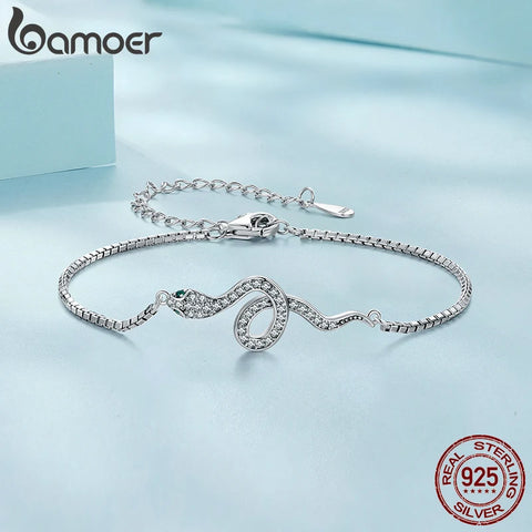 Bamoer 925 Sterling Silver Luxury Spirit Snake Bracelet Lobster Clasp Chain Pave Setting CZ for Women Trendy Fine Jewelry