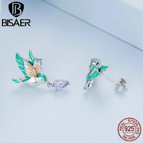 BISAER 100% 925 Sterling Silver Kingfisher Jewerly Set Bird Bracelet Open Ring Stud Earrings Purple Zircon for Women Party Gift