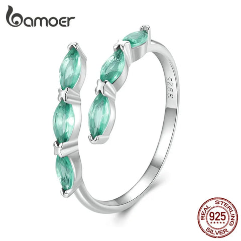 Bamoer 925 Sterling Silver Light Green Glass Opening Ring Horse's Eye Adjustable Ring for Women Party Birthday Gift Fine Jewelry