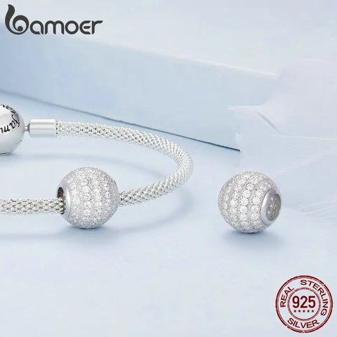 Bamoer 925 Sterling Silver Full-inlay Lucky Round Beads Pave Setting CZ Charms for Women Bracelet and Bangle DIY Fine Jewelry