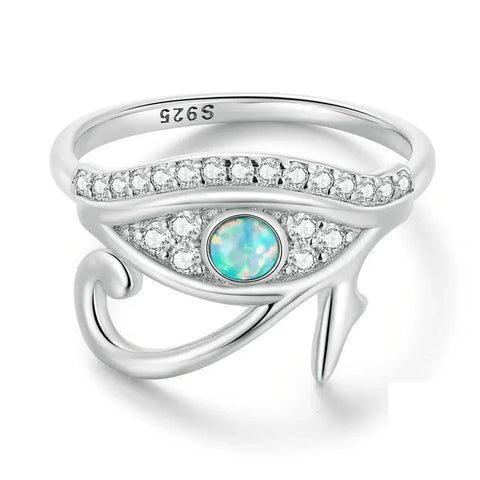 Bamoer 925 Sterling Silver Blue Opal Lucky Eye of Horus Ring Pave Setting CZ for Women Birthday Gift Fine Jewelry BSR403