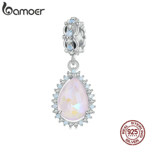 BAMOER 925 Sterling Silver Faceted Teardrop Glass Crystal Charms Water Drop Loose Spacer Beads Fit Original Charm Bracelet
